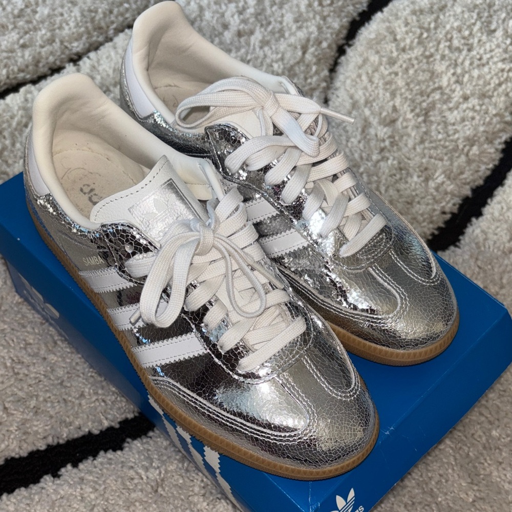 adidas Samba Metallic Silver and White Athletic Sneakers